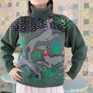 Vintage Wool Folk Art Greyhound Dog Knitted Turtleneck Sweater Ralph Lauren Type